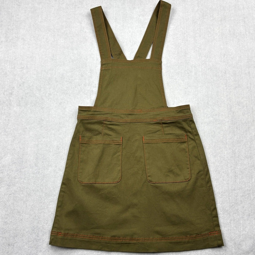 ModCloth Overall Jumper Mini Dress Olive Green Orange Stitch Pinafore Womens 4